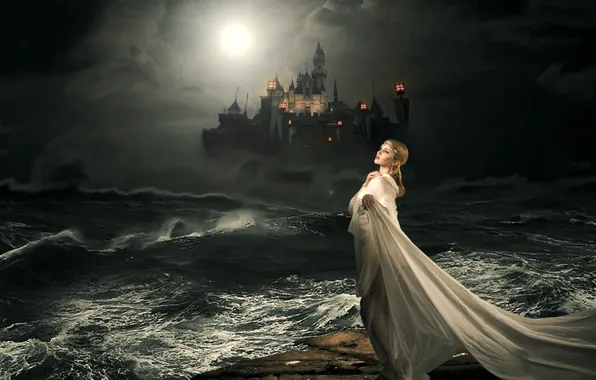 Картинка море, девушка, ночь, замок, сказка
