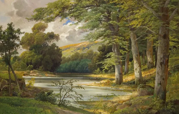 Картинка лес, пейзаж, озеро, лодка, живопись, Alois Arnegger, Romantic Forest Landscape