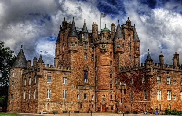 Картинка замок, стены, часы, обработка, Шотландия, башни, Glamis Castle