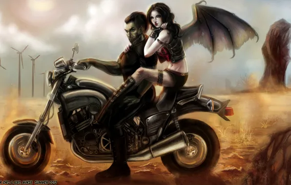 Картинка девушка, пустыня, крылья, чулки, арт, мотоцикл, парень, орк