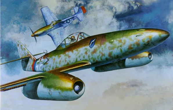 Картинка небо, рисунок, бой, арт, истребители, американский, самолёты, реактивный, немецкий, Р-51, WW2, Me 262A-1a, &quot;Мустанг&quot;