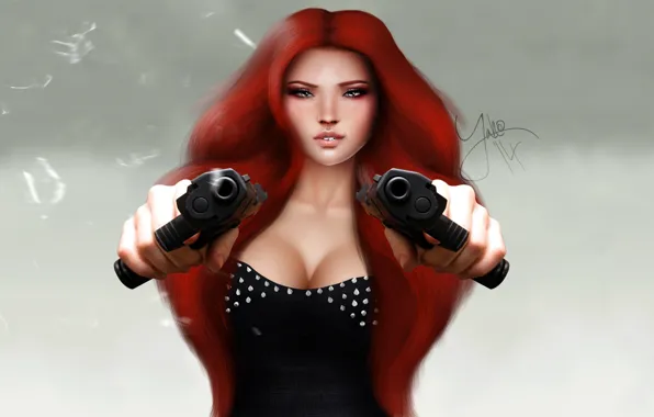 Картинка взгляд, девушка, лицо, рендеринг, волосы, пистолеты