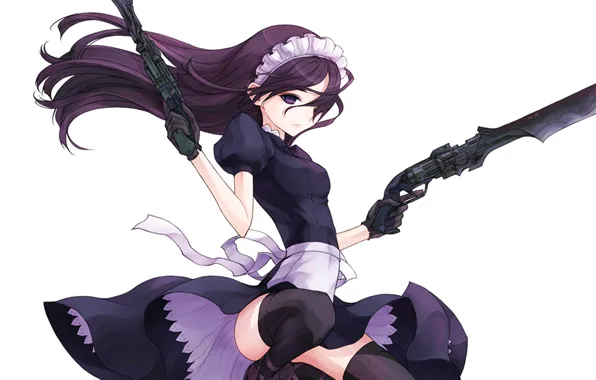 Картинка белый фон, перчатки, длинные волосы, горничная, на коленях, ободок, черные чулки, револьверы, два пистолета