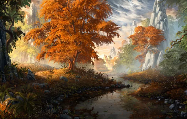 Картинка осень, деревья, пейзаж, горы, ручей, дома