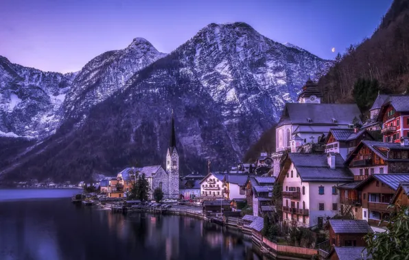 Картинка зима, лес, горы, природа, озеро, дома, Австрия, Альпы, Hallstatt, памятник ЮНЕСКО, коммуна