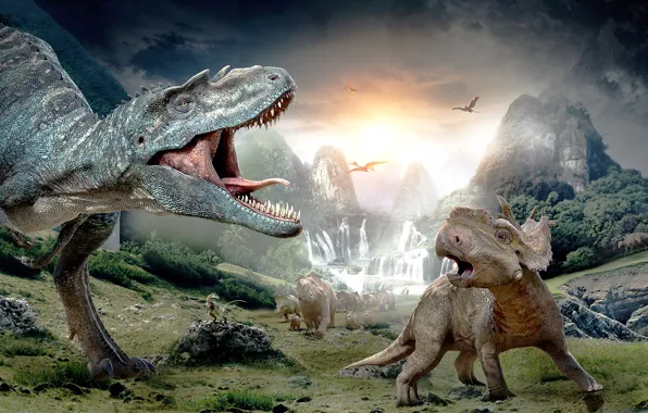 Картинка горы, скалы, водопад, динозавр, хищник, долина, малыш, папоротники, Тираннозавр, dinosaur, Ти-Рекс, Tyrannosaurus Rex, Протоцератопс, Патчи, …