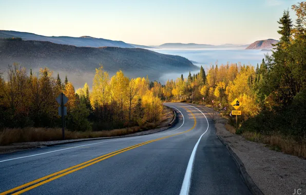 Картинка дорога, осень, лес, горы, природа, дымка