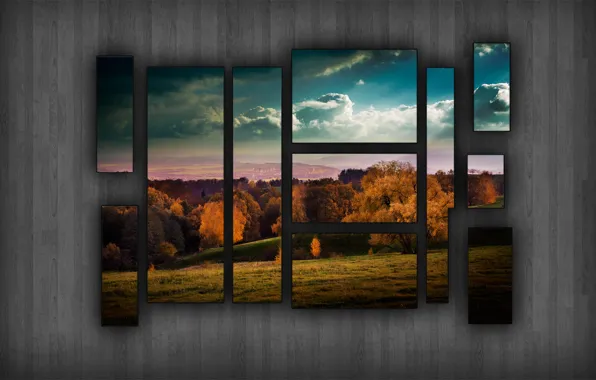 Картинка поле, осень, лес, облака, мозаика, окно, пазл, pazzle