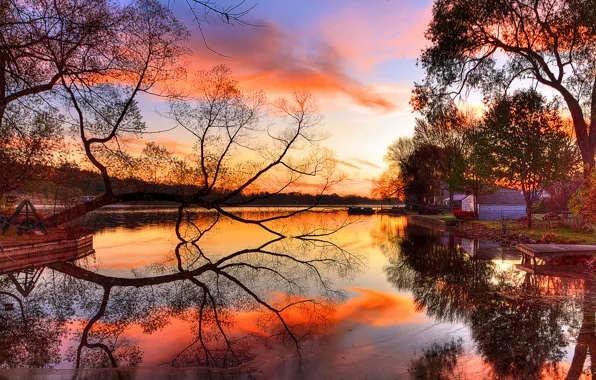 Картинка небо, закат, отражение, река, дерево, берег