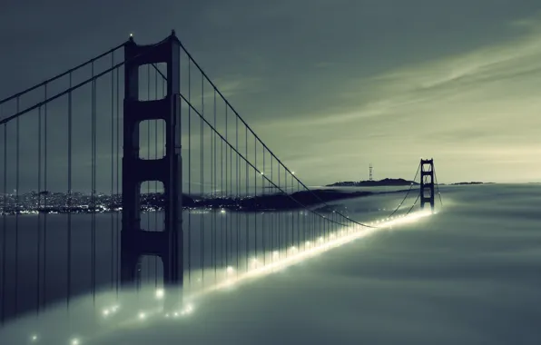 Картинка небо, облака, мост, city, город, lights, огни, туман, река, Golden Gate Bridge, river, sky, clouds, …