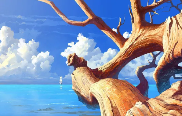Картинка море, ветки, дерево, корабль, парусник, арт, ствол, солнечно, сухое
