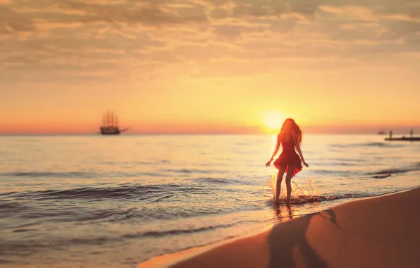 Картинка Солнце, Песок, Море, Пляж, Девушка, Платье