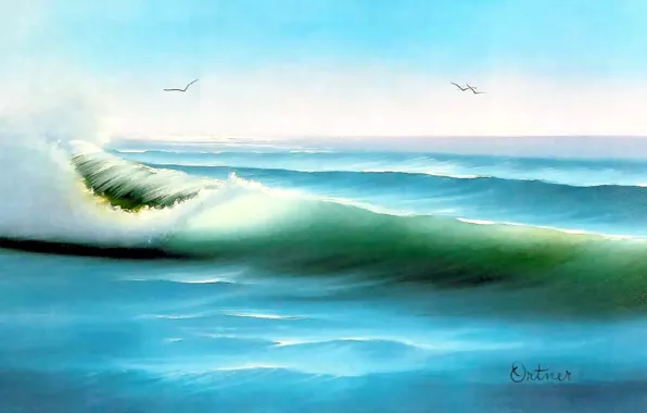 Картинка море, небо, вода, пейзаж, океан, волна, цвет, картина, птички, живопись, Bob Ross