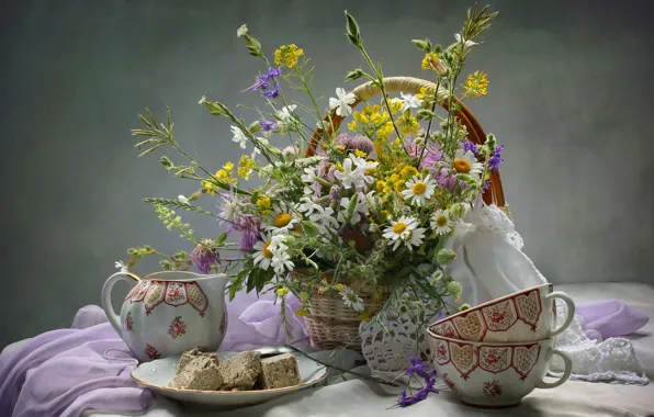 Картинка лето, ромашки, букет, чашки, посуда, натюрморт, полевые цветы, халва