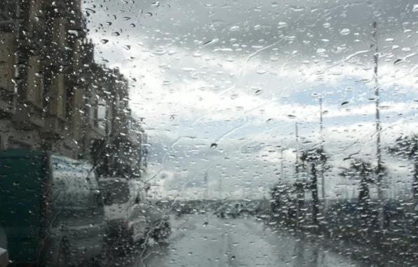 Картинка стекло, вода, капли, город, дождь, улица