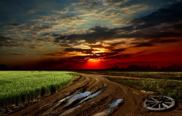 Картинка дорога, поле, небо, трава, закат, грязь, sky, landscape, nature, sunset