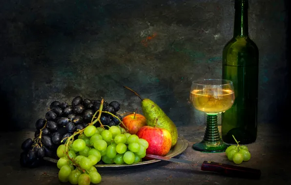 Картинка бутылка, нож, фрукты, натюрморт, белое вино, Sweet wine flows