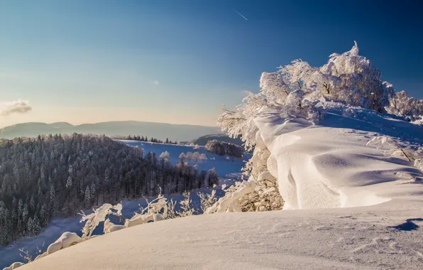 Картинка зима, небо, снег, деревья, горы
