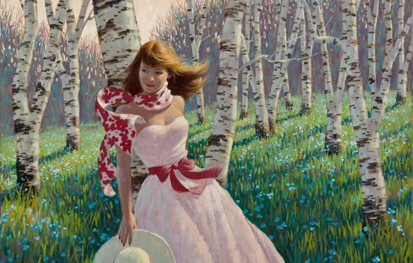 Картинка лес, девушка, цветы, весна, березы, живопись, Arthur Saron Sarnoff, розовое платье, Birch Forest