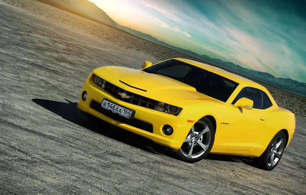 Картинка Chevrolet, Muscle, Light, Camaro, Car, Sky, Sun, Yellow, Didert