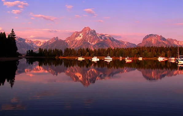 Картинка небо, деревья, закат, горы, озеро, лодка, катер, Вайоминг, США, grand teton national park