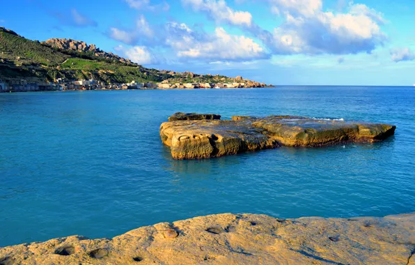 Картинка море, небо, скалы, бухта, Мальта, Gnejna Bay