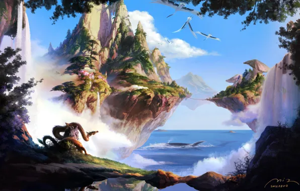 Картинка море, острова, деревья, горы, птицы, мост, природа, скалы, дракон, грибы, водопад, фэнтези, арт, летающие