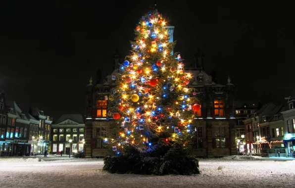 Картинка lights, holidays, Christmas, square, night, winter, snow, tree, houses, New Year, streets, buildings, Christmas tree, …
