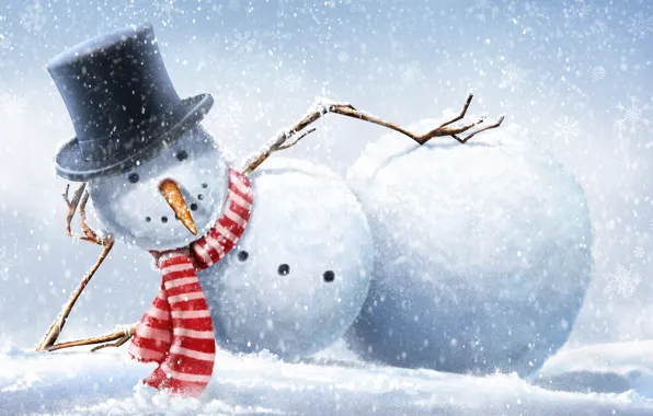 Картинка зима, снег, снежинки, шляпа, шарф, снеговик