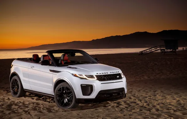 Картинка песок, пляж, Land Rover, Range Rover, кабриолет, Evoque, эвок, ленд ровер, рендж ровер