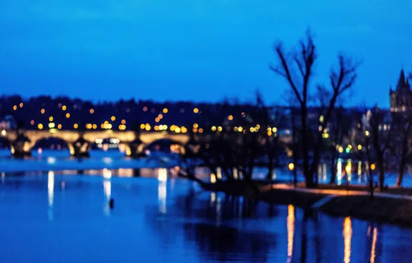 Картинка lights, twilight, dusk, reflection, Prague, blue hour, Czech Republic, Charles Bridge, Vltava River