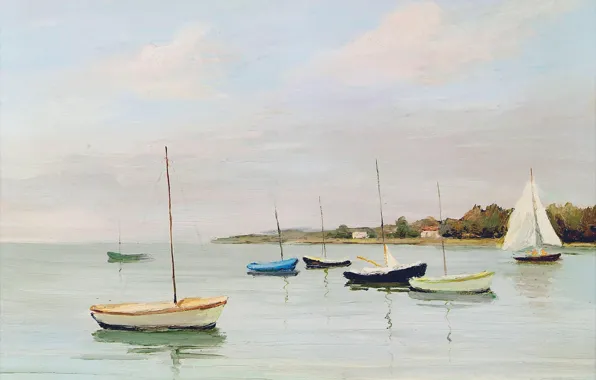 Картинка море, пейзаж, берег, картина, лодки, парус, Brittany, Марсель Диф, Calm Waters at Logeo