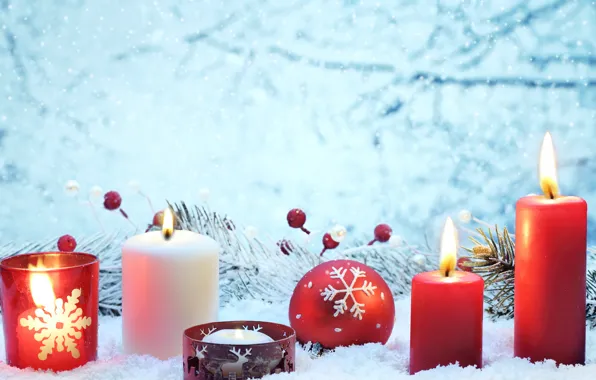 Картинка снег, украшения, красный, lights, огни, вишня, шары, свечи, Новый год, red, new year, balls, snow, …
