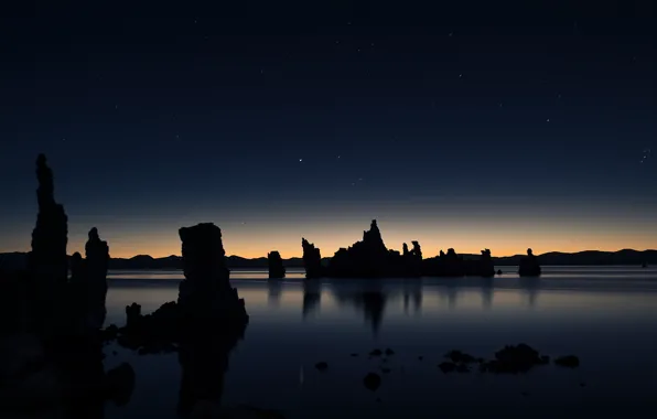 Картинка звезды, озеро, отражение, рассвет, California, Mono Lake