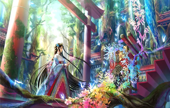 Картинка деревья, цветы, арт, девочка, ступеньки, врата, лиана, национальная одежда, fuji choko
