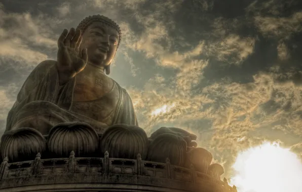 Картинка небо, солнце, облака, статуя, Будда