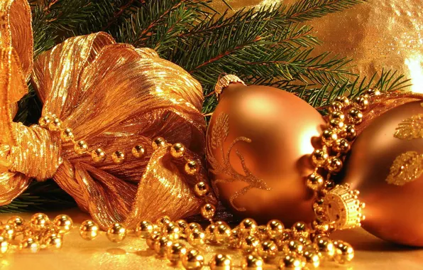 Картинка украшения, золото, игрушки, новый год, ель, бусы
