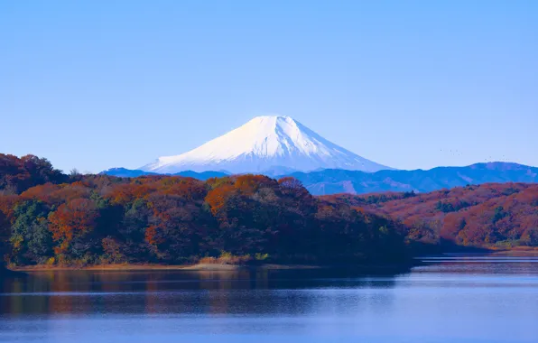 Картинка лес, небо, деревья, горы, озеро, снежный, вулкан, Япония, солнечно, Фудзияма, Саяма