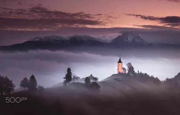 Картинка облака, горы, туман, церковь