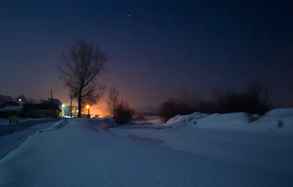 Картинка зима, река, Снег, ночь.