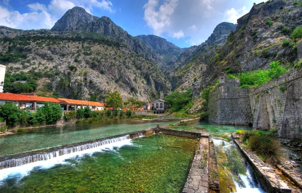 Картинка горы, ручей, стена, скалы, Черногория, Kotor