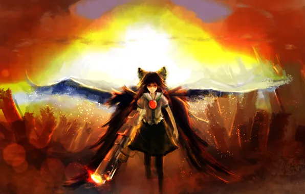 Картинка девушка, солнце, закат, оружие, крылья, арт, бант, reiuji utsuho, touhou, hjistc