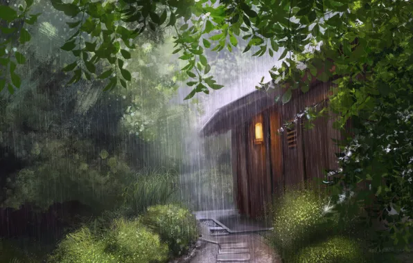 Картинка лето, свет, дождь, листва, сарай, тропинка, кусты, art, Mandy Jurgens