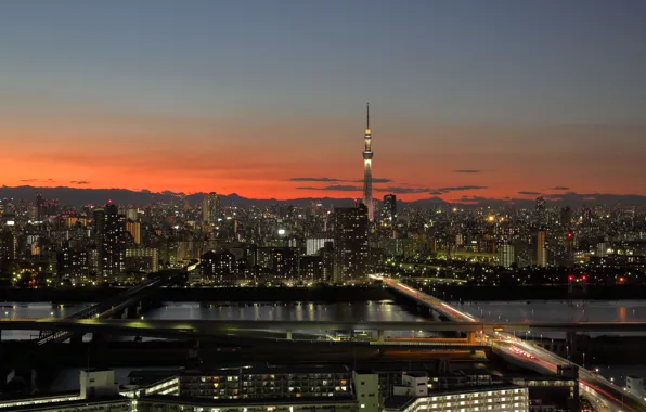 Картинка Tokyo, Japan, twilight, sunset, clouds, hills, dusk, silhouette, Tokyo Skytree