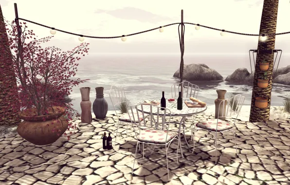 Картинка океан, вино, столик, терраса