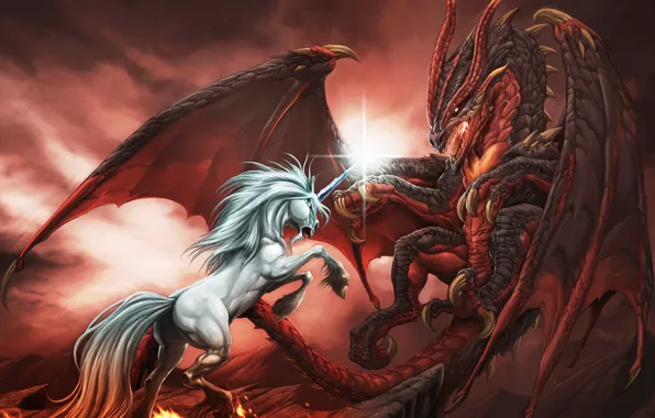 Картинка Дракон, Бой, Dragon, Drawings, Mythology, Fire, Единорог