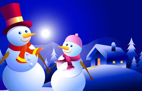 Картинка зима, ночь, новый год, рождество, вектор, домик, снеговик