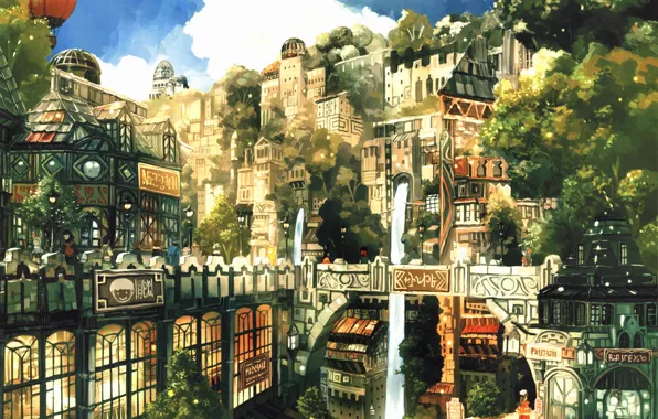 Картинка деревья, город, улица, окна, шар, дома, воздушный, вывески, Art, Imperial Boy (Teikaku Shounen)