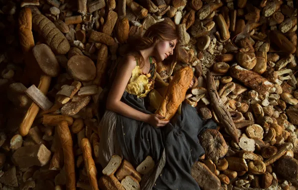 Картинка девушка, хлеб, Lichon, много хлеба