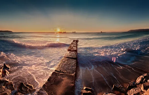 Картинка море, солнце, камни, берег, утро, прибой, Bulgaria
